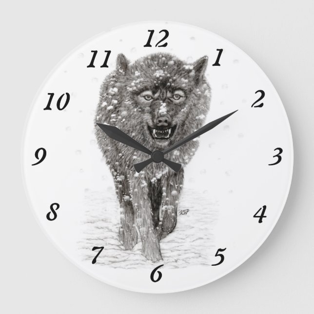 Grande Horloge Ronde Loup noir en colère dans la neige, hiver sauvage (Recto)