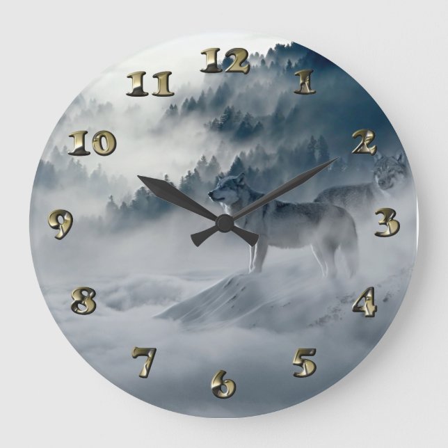Grande Horloge Ronde Loups dans le paysage hivernal de neige (Recto)