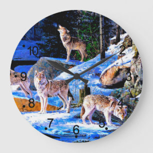 Grande Horloge Ronde Loups en peinture à la neige