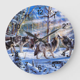 Grande Horloge Ronde Loups gris peignant