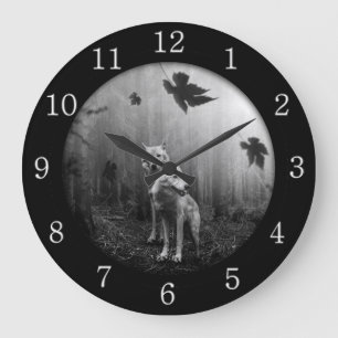 Grande Horloge Ronde Loups merveilleux Noir et Blanc Leaf nous seul