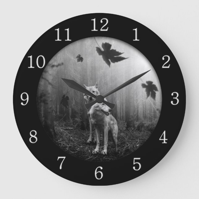 Grande Horloge Ronde Loups merveilleux Noir et Blanc Leaf nous seul (Recto)