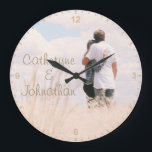 Grande Horloge Ronde Love Couples Photo Template Names Digits Numbers<br><div class="desc">Zaubershirts Designs -
A romantic design featuring a photo template with your names on it.
Easily customize this clock with your photo or image.
For additional customization easily drop me a message below.
I would be more than happy to make your design wishes come true!
www.zazzle.com/store/zaubershirts
www.zazzle.com/store/youropea_papeterie</div>