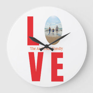 Grande Horloge Ronde Love rouge famille photo ovale forme moderne simpl