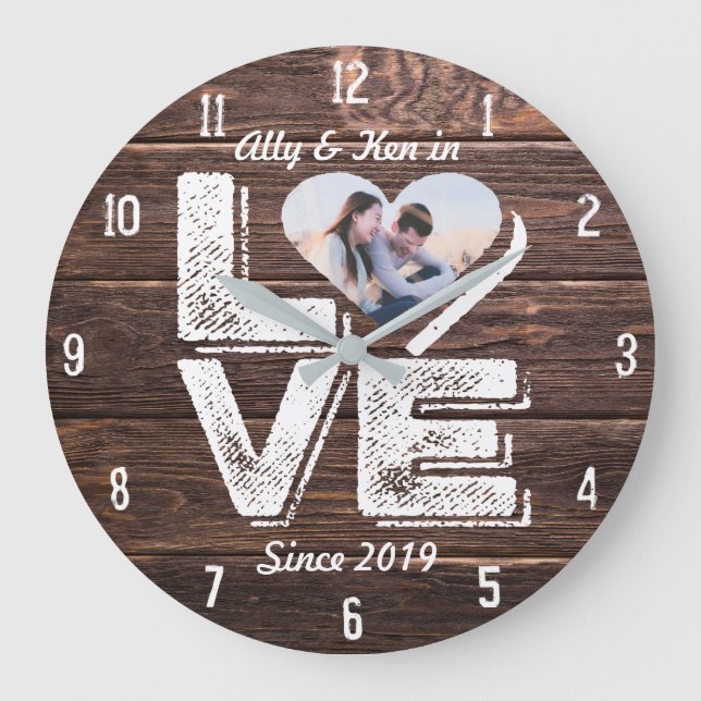 Grande Horloge Ronde Love Rustic Woodland Photo Heart Frame monogram (Recto)