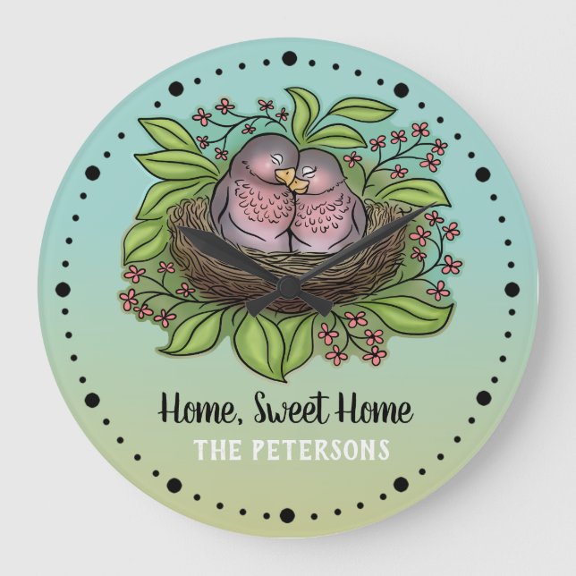 Grande Horloge Ronde Lovebirds Couple à Nest Home Sweet Home (Recto)