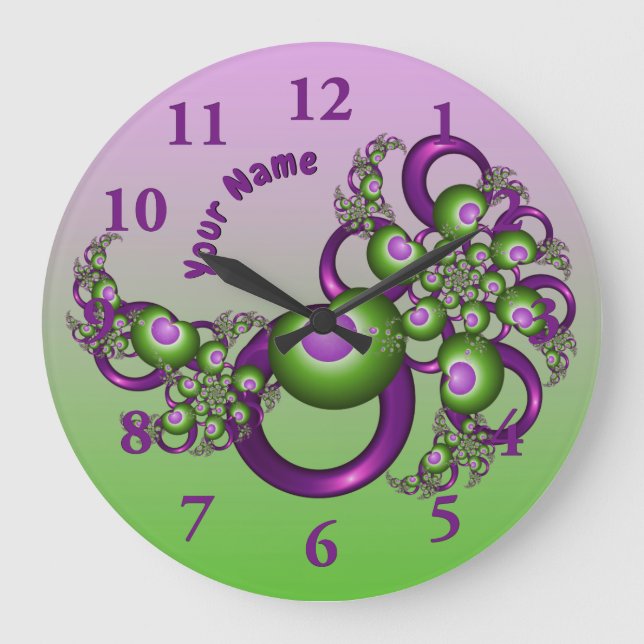 Grande Horloge Ronde Lovely Rose Green Hearts Nom fractal moderne (Recto)