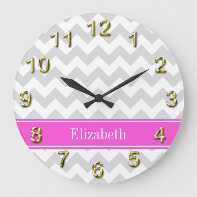 Grande Horloge Ronde Lt Grey Blanc Chevron Hot Pink Nom Monogramme (Recto)