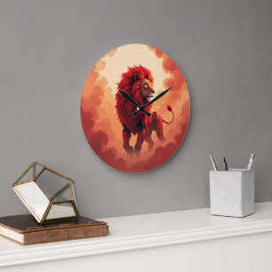 Grande Horloge Ronde Lueur Rouge Profonde – Le Lion de la Destinée Brûl