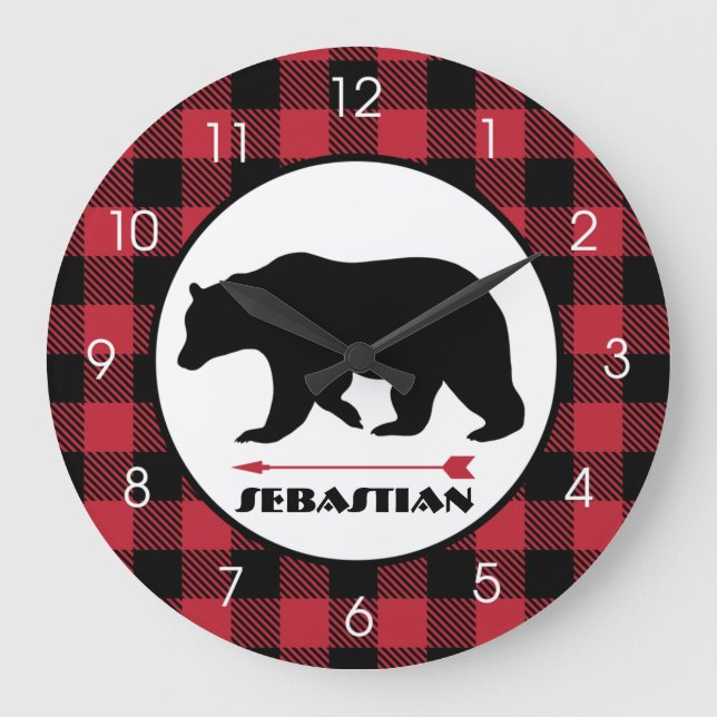 Grande Horloge Ronde Lumberjack Black Bear Buffalo Plaid Hunter Thème (Recto)