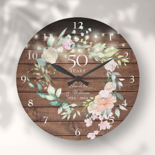 Grande Horloge Ronde Lumières de chaîne en bois rustique floral 50e ann