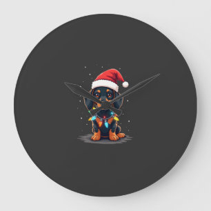 Grande Horloge Ronde Lumières de Noël Teckel Chapeau de Père Noël Noël