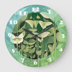 Grande Horloge Ronde Luna Moth et fleurs - Vert et Crème