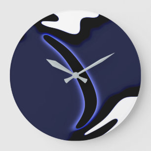 Grande Horloge Ronde Lune bleue : Bleu Abstrait, Blanc & Noir