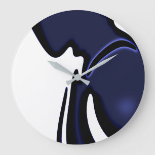Grande Horloge Ronde Lune bleue : Bleu Abstrait, Blanc & Noir