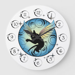 Grande Horloge Ronde Lune de chat cosmique et étoiles