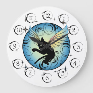 Grande Horloge Ronde Lune de chat cosmique et étoiles