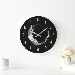 Grande Horloge Ronde Lune de croissant bleu avec fleurs blanches