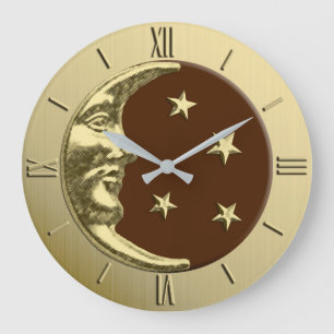 Grande Horloge Ronde Lune et étoiles - brun chocolat et or d'art déco