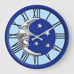 Grande Horloge Ronde Lune et étoiles d'art déco - bleu et argent de