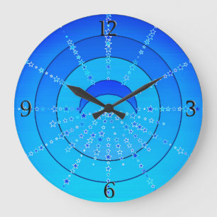 Grande Horloge Ronde Lune et étoiles Mandala, Cerulean Blue
