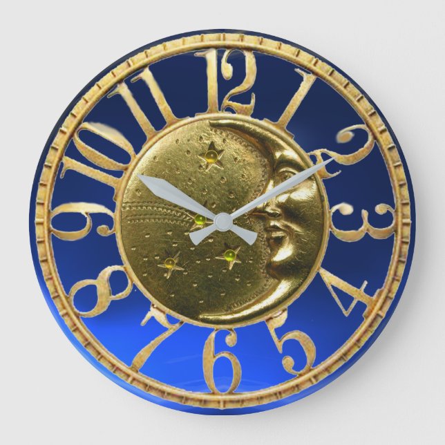 Grande Horloge Ronde LUNE ET ÉTOILES Or Jaune Bleu (Recto)