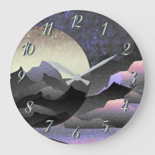 Grande Horloge Ronde Lune et montagnes fantaisistes Art abstrait