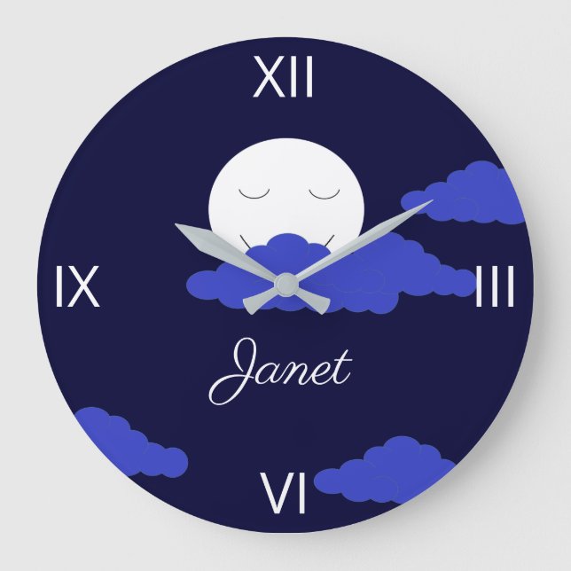Grande Horloge Ronde Lune souriante avec nuages foncés (Recto)
