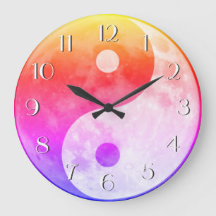 Grande Horloge Ronde Lune Yin Yang Lumineuse Colorée Nombres Élégants