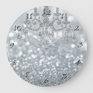 Grande Horloge Ronde Lustre Argenté Blanc Bokeh Glam Lustrierie Étincel