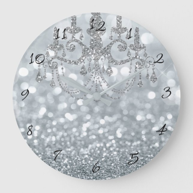 Grande Horloge Ronde Lustre Glamour Bokeh Argenté Pailleté (Recto)