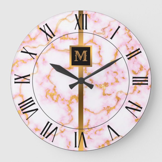 Grande Horloge Ronde Luxe Elégant Marbre Noir Or Moderne (Recto)