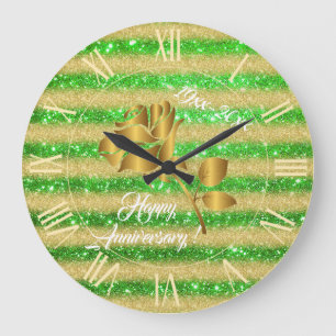 Grande Horloge Ronde Luxe Gold Glitter Green Floral Venin Large Clock
