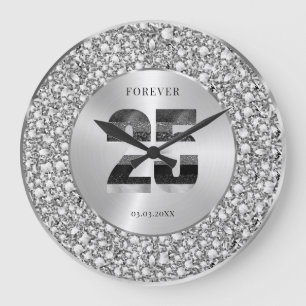 Grande Horloge Ronde Luxueux Argent 25e Anniversaire Paillettes Noir &