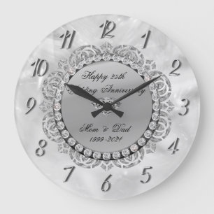 Grande Horloge Ronde Luxueux Diamants Argent 25e Anniversaire de Mariag