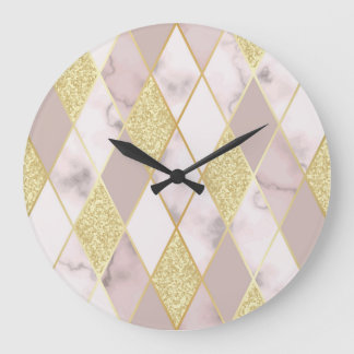 Grande Horloge Ronde Luxueux Marbre Golden Géométrique