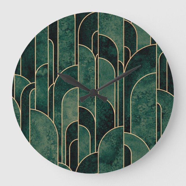 Grande Horloge Ronde Luxueux Motif Art déco Vert et Or (Recto)