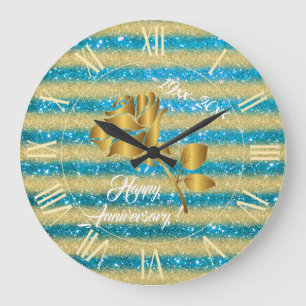 Grande Horloge Ronde Luxury Gold Glitter Blue Floral Gift