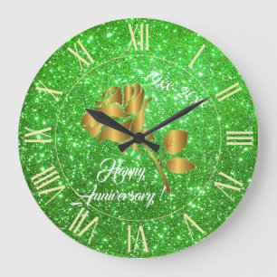 Grande Horloge Ronde Luxury Gold Glitter Green Floral Gift Large Clock