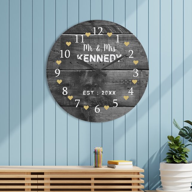 Grande Horloge Ronde M. Et Mme Mariage Anniversaire Rustic Wood (Mr And Mrs Wedding Anniversary Rustic Wood Large Clock)