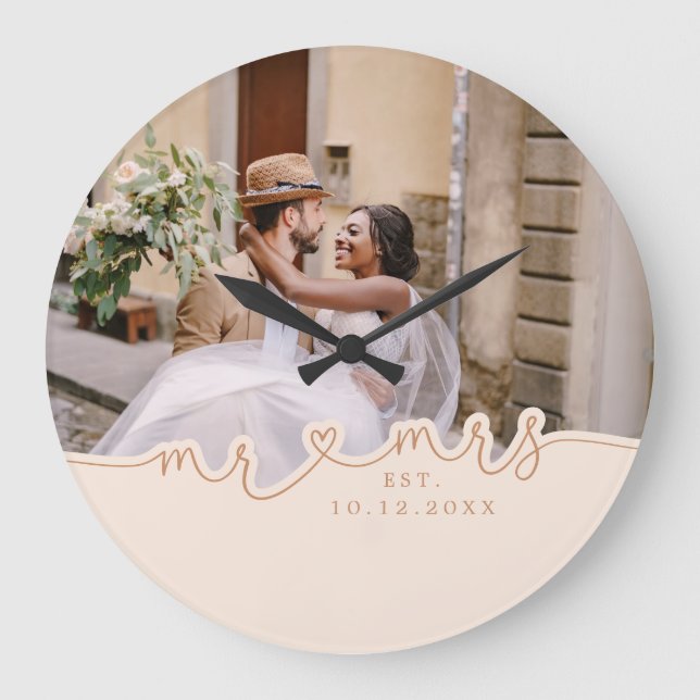 Grande Horloge Ronde M. Mme Script Cœur Photo Mariage (Recto)