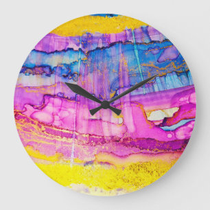 Grande Horloge Ronde Macro de nuages colorés, plaque d'encre.