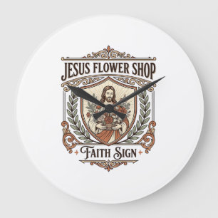 Grande Horloge Ronde Magasin de Fleurs Jésus Enseigne de Foi Magasin de