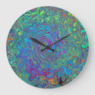 Grande Horloge Ronde Magenta, Bleu et Vert écume de mer Retro Swirl