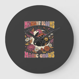 Grande Horloge Ronde Magie de Chat de Sorcière Florale d'Halloween