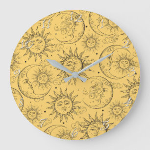 Grande Horloge Ronde Magie Jaune Vintage étoile de soleil céleste