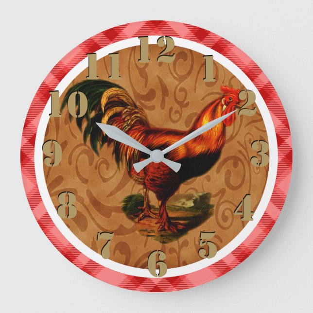Grande Horloge Ronde Magnifique coq rustique Pays Chic Red Tartan (Recto)