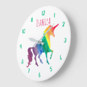 Grande Horloge Ronde Magnifique Rainbow Unicorn Personnalisé Enfants Gi (Angle)