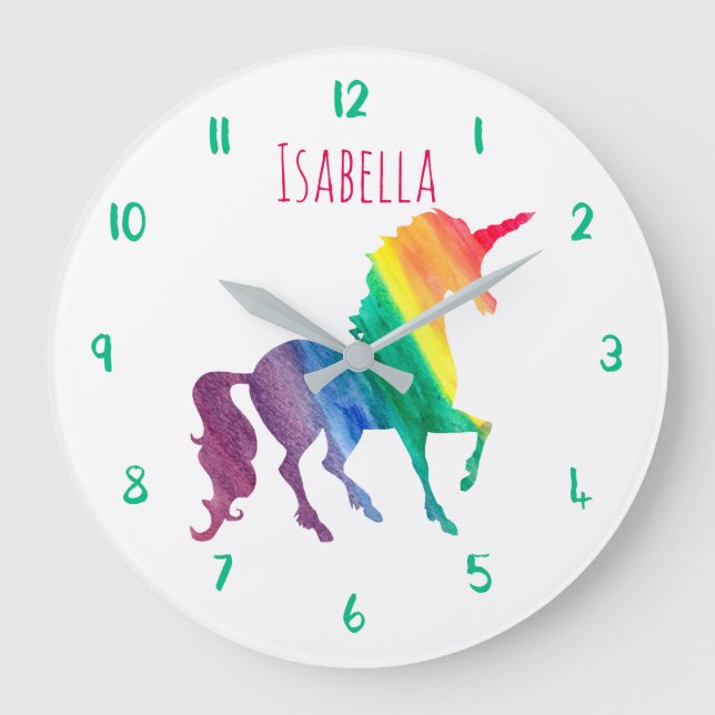 Grande Horloge Ronde Magnifique Rainbow Unicorn Personnalisé Enfants Gi (Front)