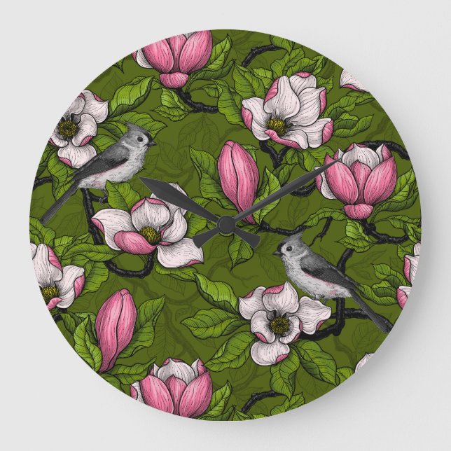 Grande Horloge Ronde Magnolia en floraison et oiseau de tireur 2 (Recto)